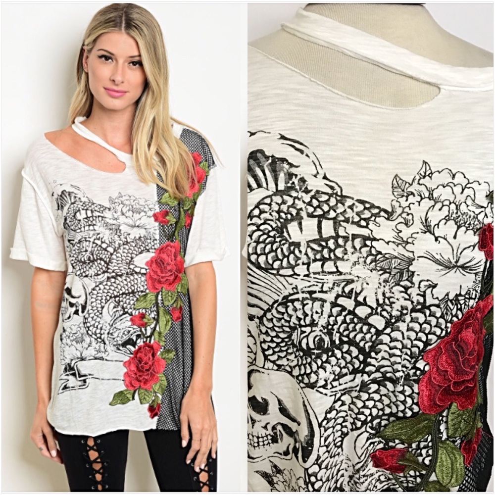 Distressed Rose Skull Graphic Tunic Tee SML - Picture 2 of 8